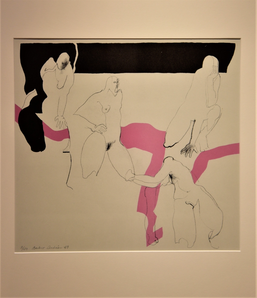 Mot vitgrå bakgrund syns fyra stiliserade kvinnofigurer, konturtecknade. Överst löper ett brett horisontalt band med ett utskott nedåt till vänster; ett annat band i rosa går horisontalt genom bildens mitt.