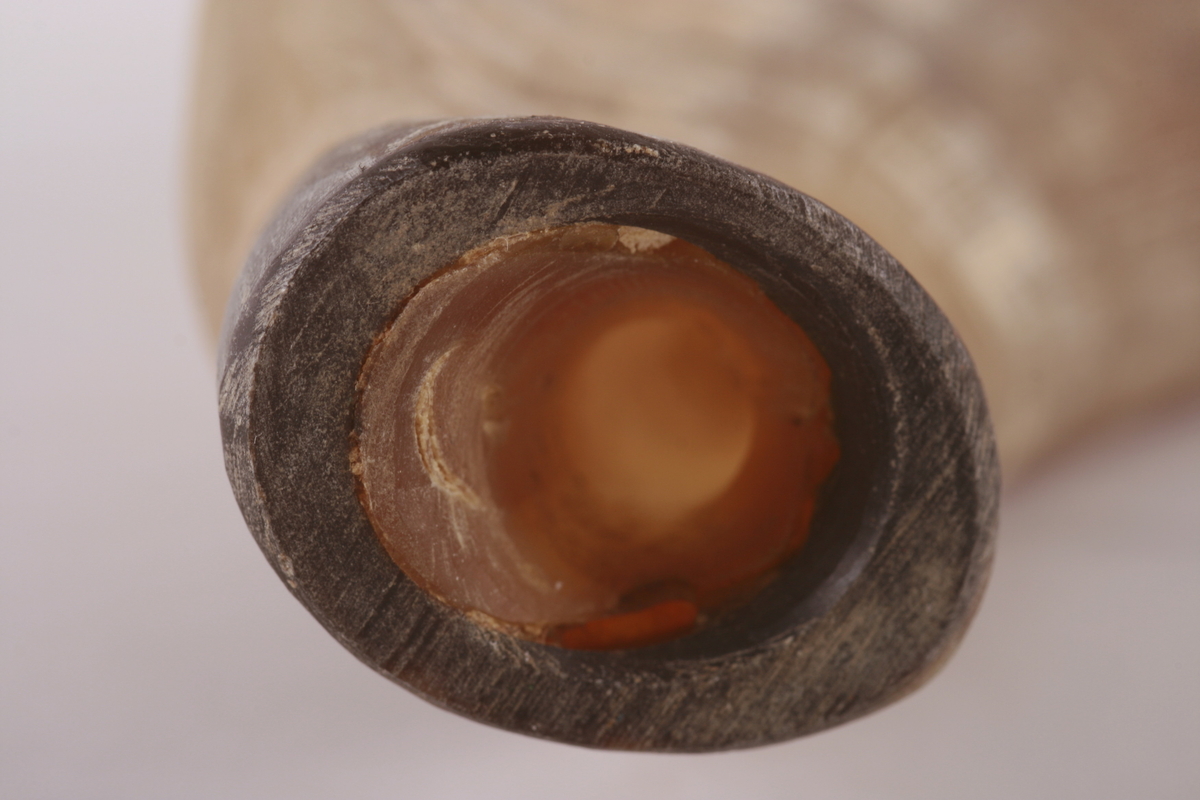 Bukkehorn med tre fingerhull.
Munnstykke i mørkere farge påbygget på smalenden. 
Et hull med lærfeste til oppheng.