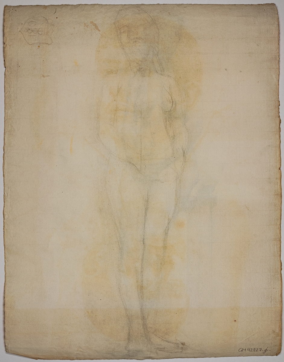 Modellritning/modellstudie, porträtt av naken kvinna lutad mot hög pall. Händerna knäppta. Signerad Schulzenheim -91, Pappret kraftigt missfärgat från tidningspapper. Pappret vattenstämplat i form av sköld med initialerna C. F.