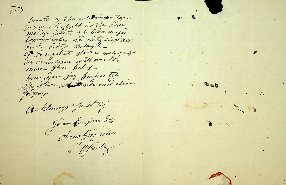 Brev från änkan Anna Görsdotter i Österby, Gustafs 12 mars 1858 till W.A. Nisser. Med begäran om understöd efter maken, gruvarbetaren Göran Erssons död.