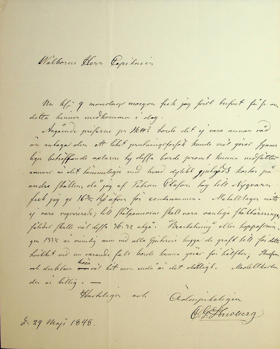 Brev från konstmästare vid Falu gruva Carl Gustaf Husberg, Falun år 1848-1851 till W.A. Nisser. 
Om bl.a: Beskrivning till ritningar ; Vattenhjul ; Kvarn.