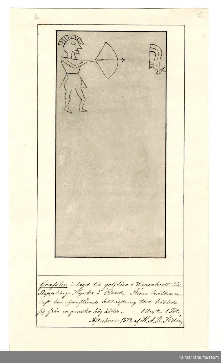 KLM 45125:53. Teckning. Av papper. Motiv föreställande en gravsten i vapenhuset i Räpplinge kyrka. Signerad nedtill: Aftecknadt år 1872 af H.A.R. Sidén.