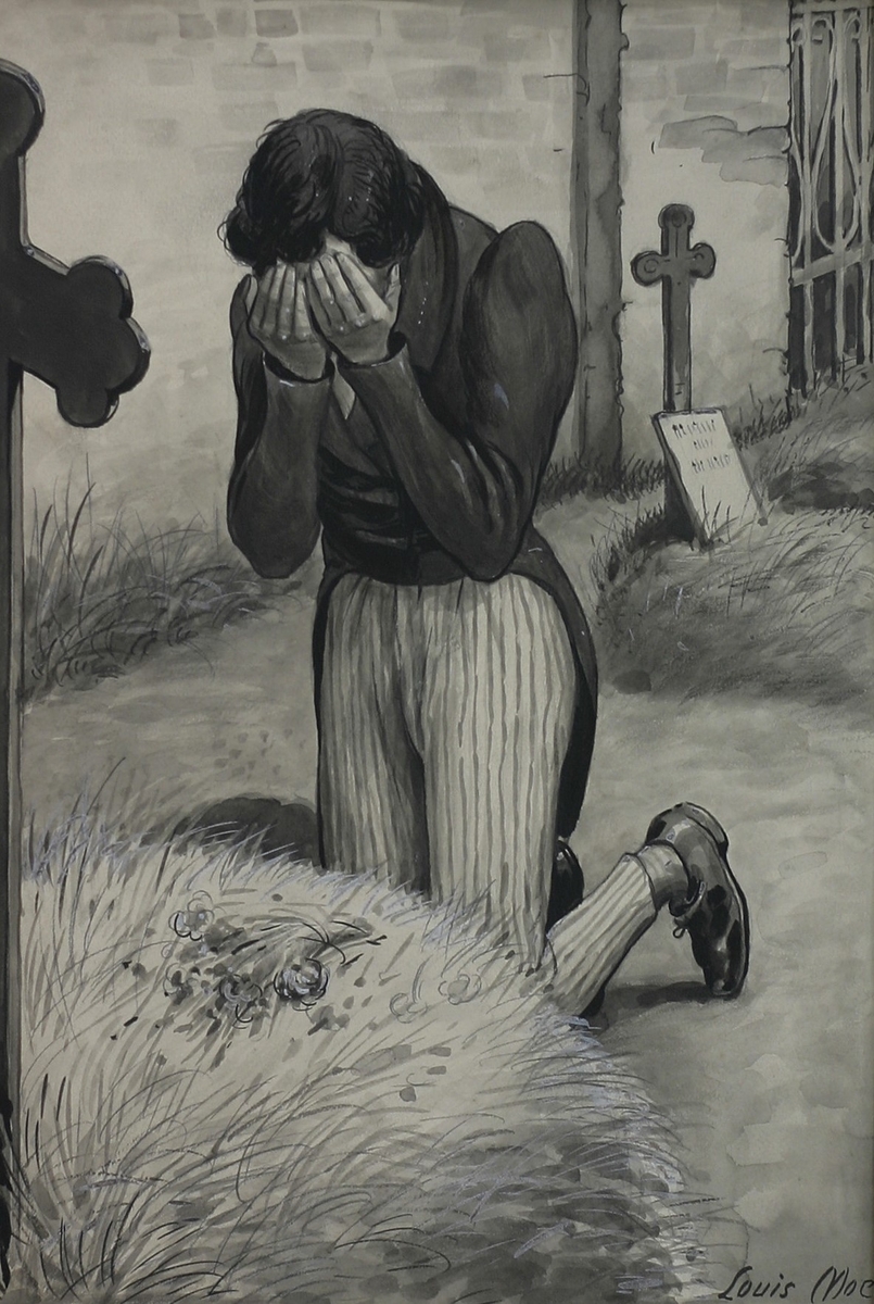 Marius ved sin Faders grav - Illustrasjon til V. Hugos "Les Misérables" [Tegning]