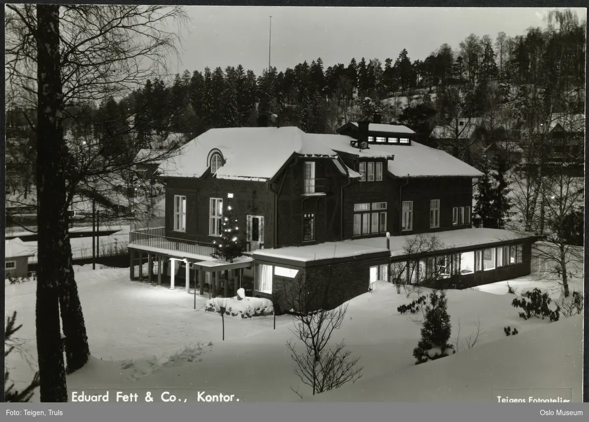 Villa Christinedal, terrasse, hage, juletre, snø, skumringslys