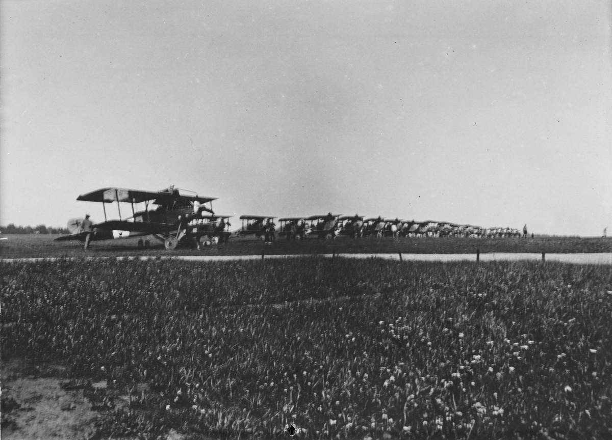 Flygplan FVM S 18 och Tummeliten står på linje på flygfältet på Malmen, tidigt 1920-tal.