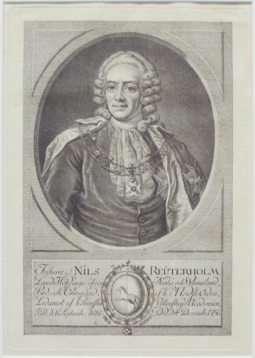 Porträtt av friherre Nils Reuterholm avbildad i Nordstjärneorderns högtidsdräkt, bilden är ett grafikt blad som avbildar ett porträtt i olja av Ulrica Pasch,1780, se Nationalmuseums samlingar NMGrh 2117.