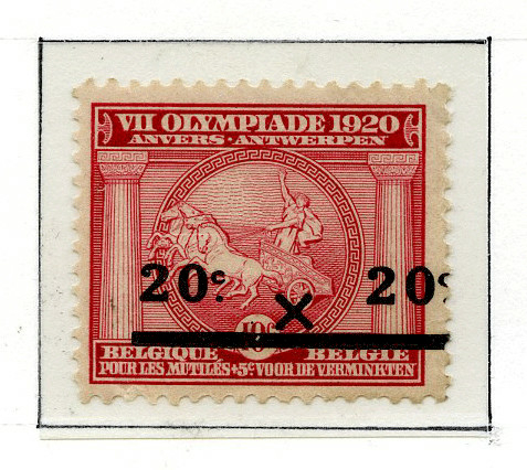 20 røde frimerker med en atlet i vogn trukket av fire hester. Alle frimerkene er stemplet 20 X 20 og noen er stemplet.