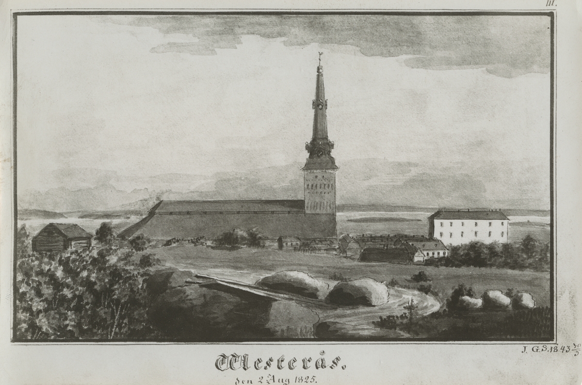Målning av Västerås den 2 augusti 1825. I bild syns Västerås domkyrka och Västerås slott.