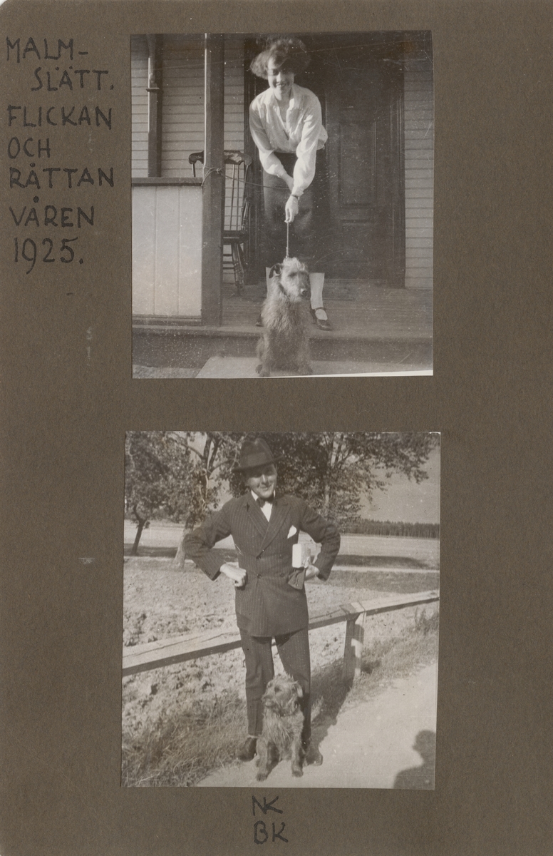 Porträttfoto av militären Nils Kindberg och en hund i Malmslätt, 1925.

Text vid foto: "NK BK"