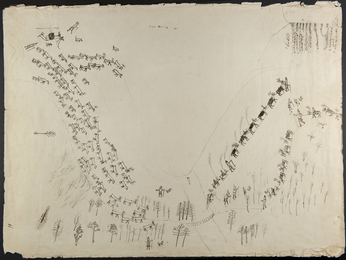 Teckning av Johan Turi. "Skilda lappmarker". Samer med hundar driver en renhjord mellan träd och över ett vattendrag. L.A. 874 nr. 20.