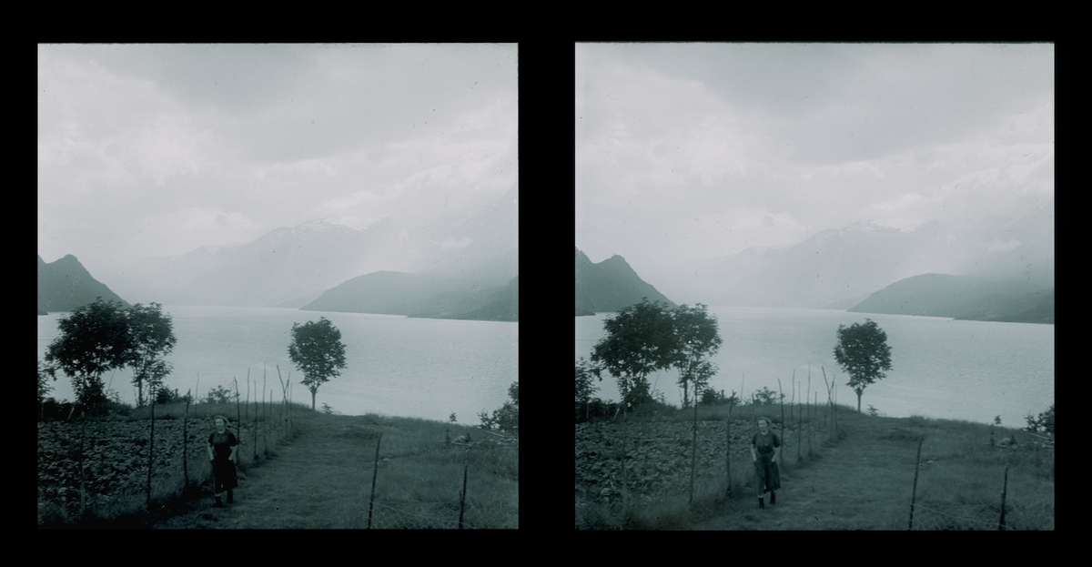 Fjordlandskap. Ukjent kvinne i forgrunnen. Tilhører Arkitekt Hans Grendahls samling av stereobilder.