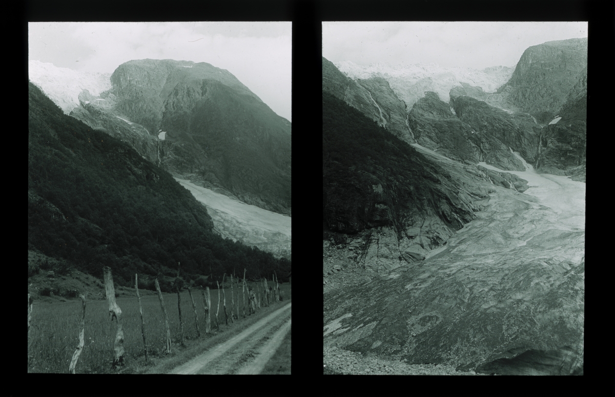 Suphellebreen, brearm av Jostedalsbreen. To motiv på en plate. Tilhører Arkitekt Hans Grendahls samling av stereobilder.