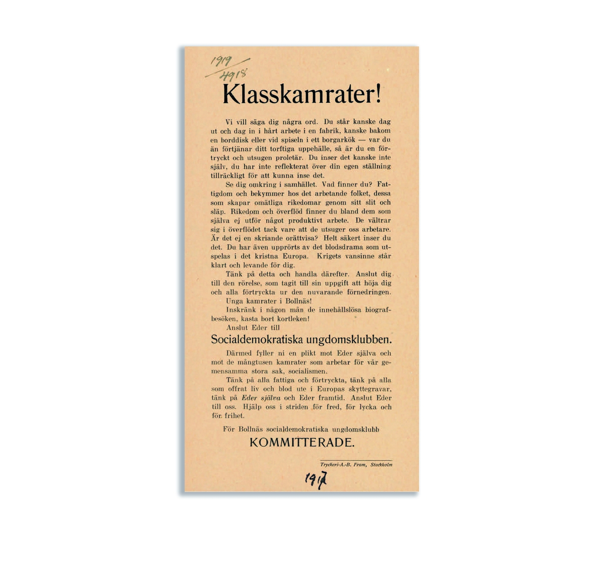Flygblad från SSU Bollnäs 1917. Se nedan för nedladdningsbar PDF.