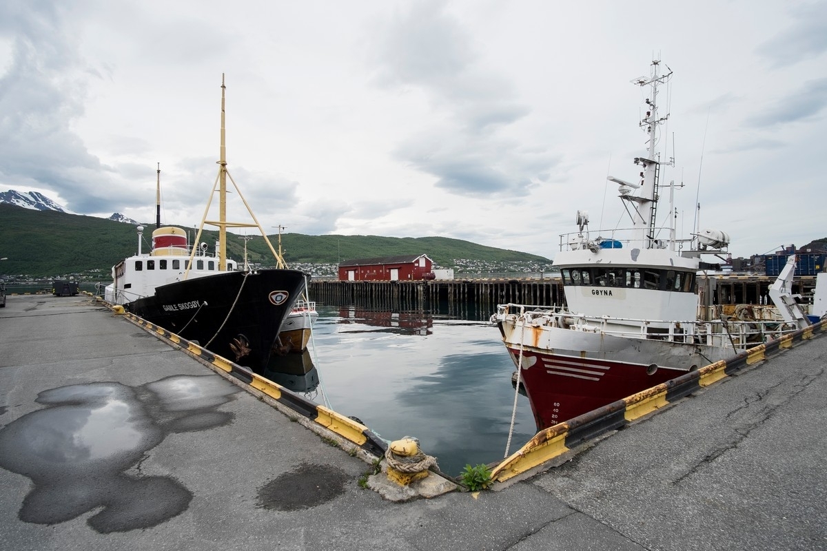 Narvik havn. "Gamle Skogly" til venstre. Bilder på veien fra LKABs adm bygning til Fagerneskaia. Foto til artikkel i Fremover 2. juli 2016: "En tur langs havna?". Foto 21. juni 2016