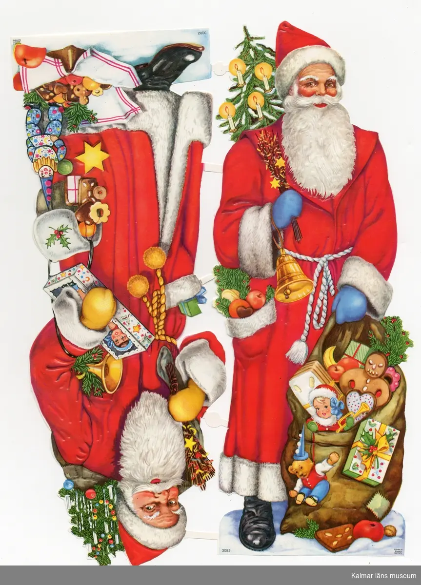 Stora röda tomtar. Den ena tomten har en julklappssäck med leksaker i, en gran med tända ljus på ryggen och äpplen i ena fickan. Den andra tomten har en väska som det bl.a. hänger leksaker i. På marken står en kartong/låda med godsaker och julgranskulor. julgran på ryggen och julklappar i famnen och i fickan.