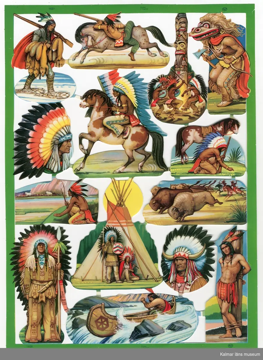 Indian som har jagat, indianer och häst, runt totempåle, dansar krigsdans ?, med fjäderskrud, i kanot, utanför tipi m.m. 14 olika motiv.
