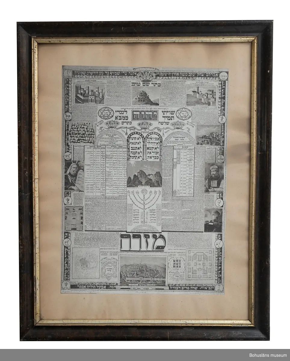 I en rektangulär ram en tryckt komposition med bilder av personer och platser ur Toran, och text på hebreiska. Bilden är 
en s. k. mizrach som anger riktning åt öst, Jerusalem, dvs. väderstrecket man vänder sig mot i bön. I mitten de två stentavlorna med de tio budorden, en menora, ljusstake och templet i Jerusalem.

Originalramning bakom glas med ram av trä med förgylld inkantslist.
På baksidan stämpel i rött inom oval med texten:
"P.F.M. SAHLSTEN
Spegelfabrikör och
Glasmästare
UDDEVALLA. ”
Pontus Ferdinand Sahlsten, glasmästare och spegelfabrikant i Uddevalla, född 1856 i Håby i Göteborgs och Bohus län.