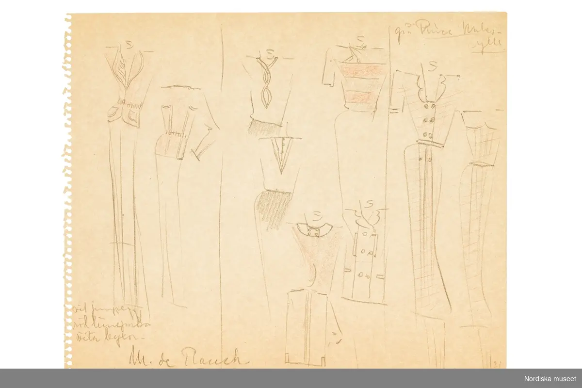 Modeskisser utförda av Pelle Lundgren (1896-1974) kreatör, från 1923 förste försäljare och senare ateljéchef på NK:s Franska damskrädderi. Från 1965 till stängningen av verksamheten 1966 var han disponent. Pelle Lundgrens minnesskisser från de kända modehusen i Paris är tecknade efter visningarna, i ritblocket eller på det som fanns till hands – som hotellets brevpapper. De snabba skisserna inspirerade ateljéns egna modeller. Här ses teckningar utförda våren 1939 med plagg från exempelvis Chanel, Schiaparelli, Paquin, Piquet, Rouff och de Rauch.