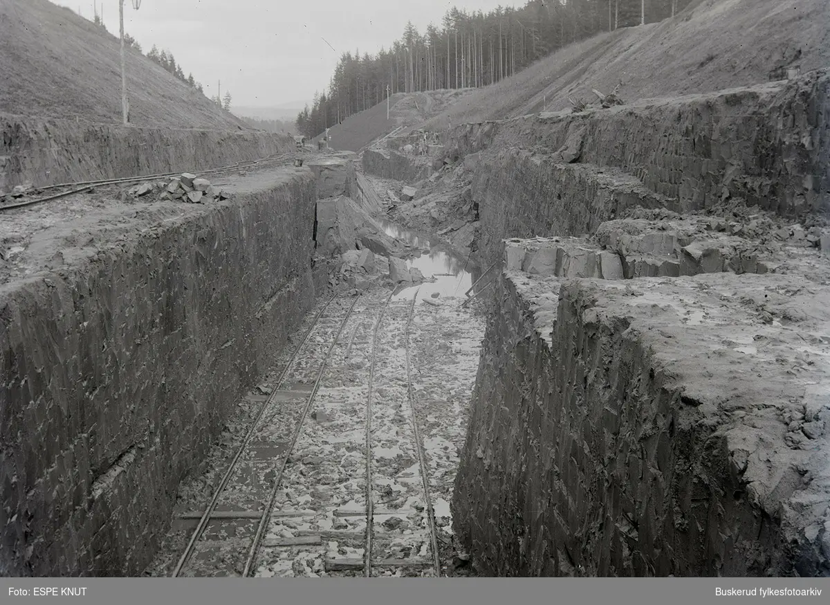 Da Bergensbanen skulle knyttes sammen med Randsfjordbanen måtte man direkte vest for stasjonsområdet i Hønefoss legge skinnegangen gjennom et høyereliggende terreng av leire og grus, mellom Veienmoen og Veienmarka. Denne strekningen har siden vært kjent som Storskjæringa. Arbeidet med å grave ut skjæringa begynte alt i 1904 og skulle stå ferdig til åpningen av Bergensbanen i 1909. Imidlertid gikk det flere ras som forsinket arbeidene. I september 1909 gikk det et ras der to arbeidere mistet livet. Det måtte derfor legges et midlertidig spor på oversiden av skjæringa, til Tolpinrud på Randsfjordbanen. I 1910 gikk det et nytt ras som ytterligere forsinket arbeidene. Strekningen var derfor ikke klar for normal trafikk før den 1. juli 1912. Mellom Veienmoen og Veienmarka ble det langs den gamle veien til Veien bygd bru over skjæringa. Brua ble i ettertid kjent som Skjæringsbrua.