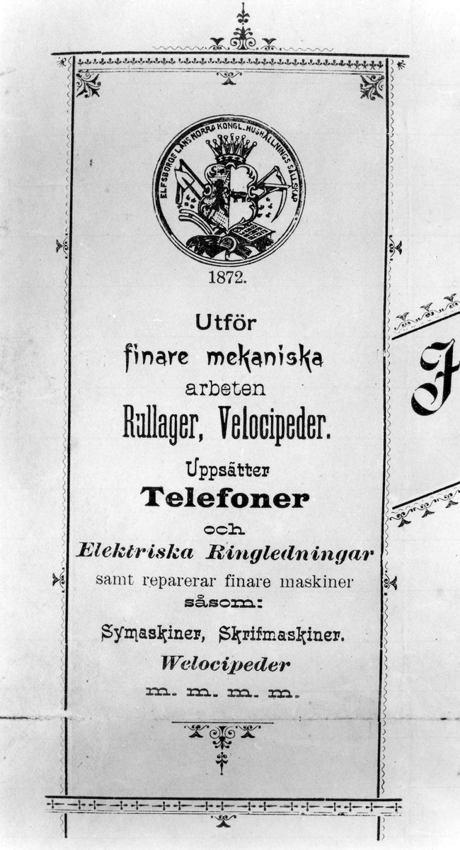 Joh. Thorsin & Son Elektro-Mekanisk Verkstad i kvarteret Glaciären.
Delförstoring av arbetsbetyg utfärdat för filare Alfred Lans år 1902.