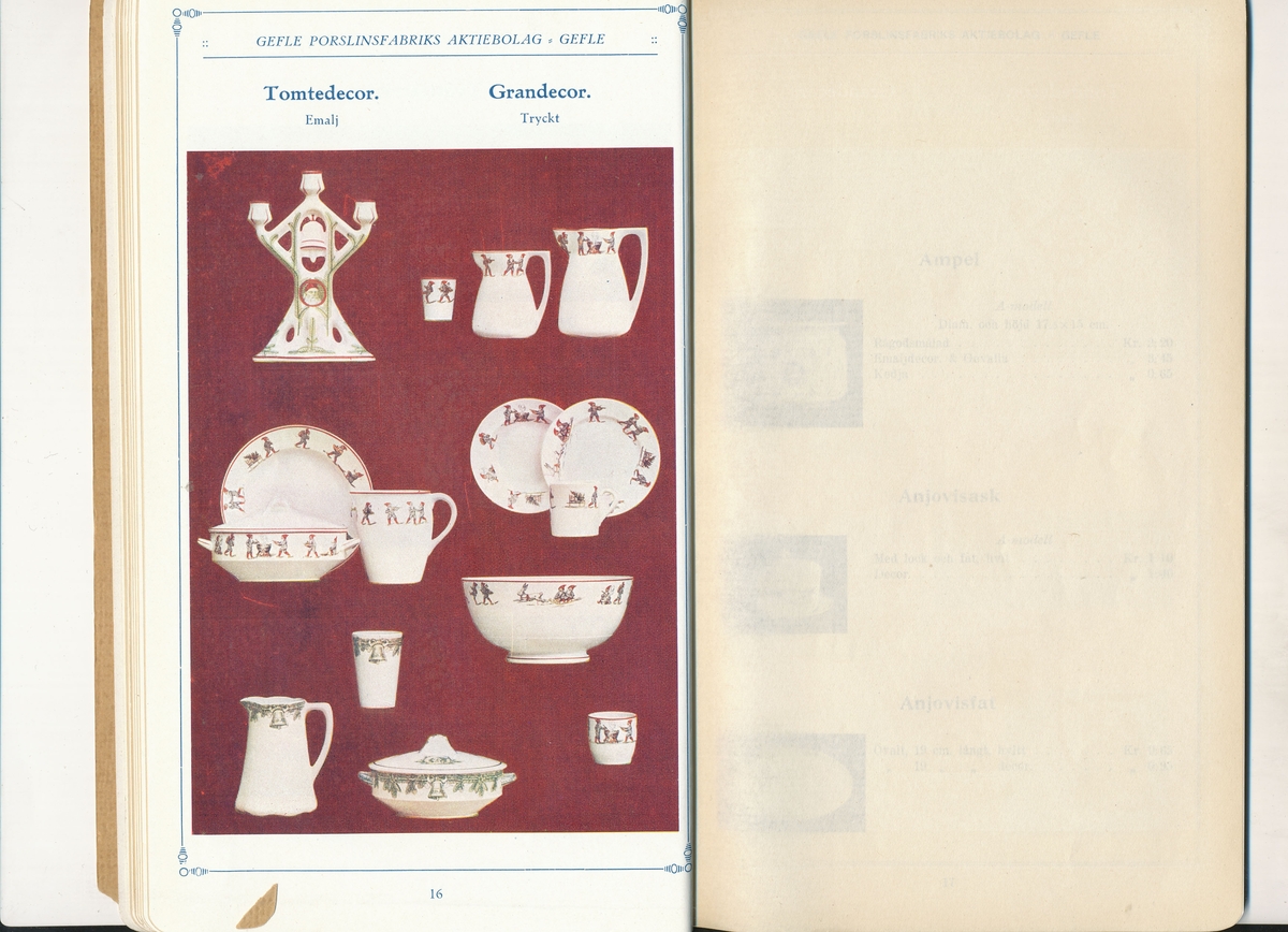 Produktkatalog, priskurant, över 1918 års produktion av keramik vid Aktiebolaget Gefle Porslinsbruk.
