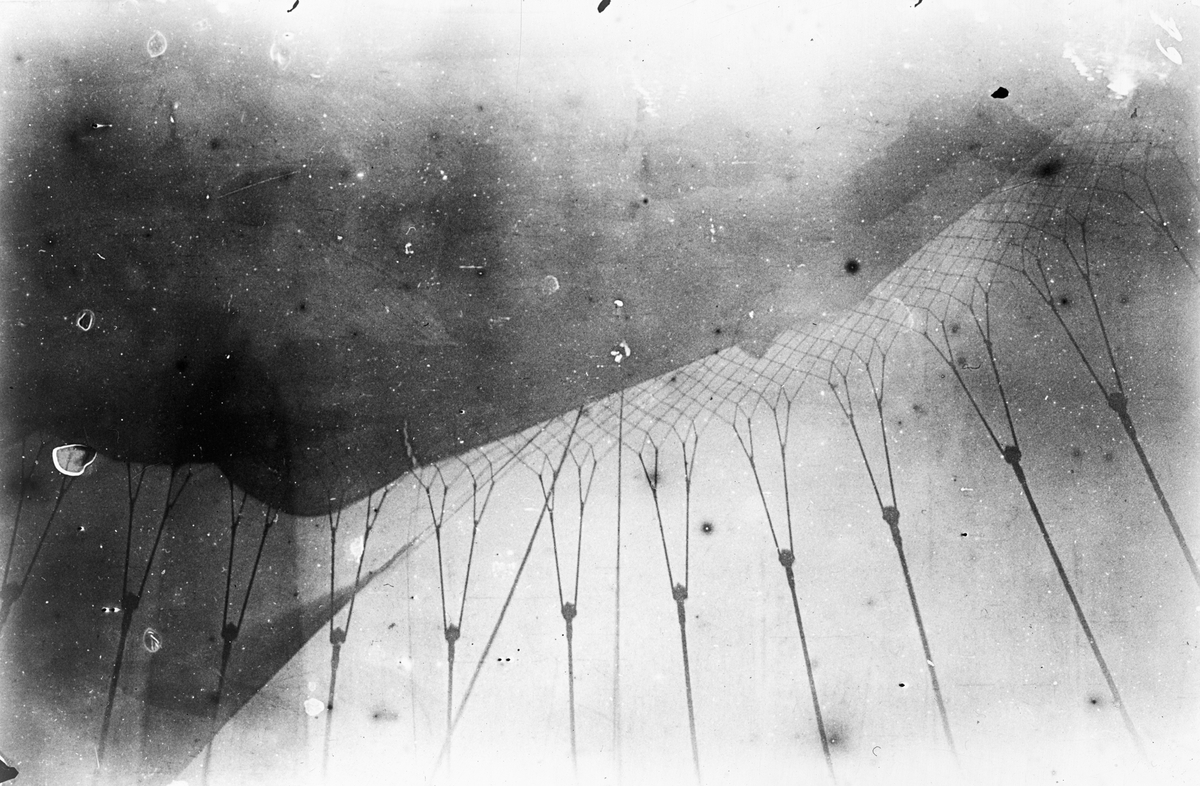 En bit av ballongen och dess linor. Framtagning av bilderna gjordes av docent John Hertzberg år 1930 på Fotografi, Tekniska Högskolan.