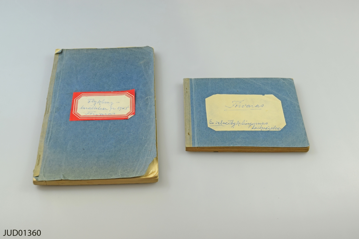 6 fotografier på flyktingar, 5 vykort med foton, 1 teckning, en namnförteckning, 2 anteckningsböcker med berättelser av överlevande och tack, infoblad från SJUF med släktkrönika, arbetstlicens i Tyskland från svenska ambassaden 1926.