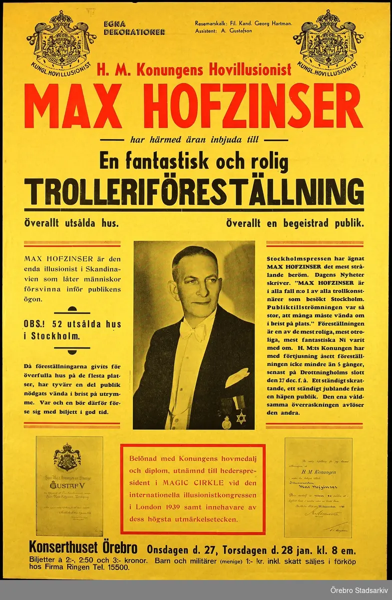 Hovillusionisten Max Hofzinser (1885-1955), Resemarskalk Fil. Kand. George Hartman, Assistent A. Gustafson