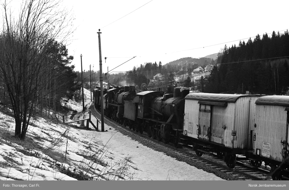 Damplokomotivene 23b 443, 26c 411 og 24b 236 og delevogner ved Døvikfoss bru. Toget er underveis til Kløftefoss på Krøderbanen