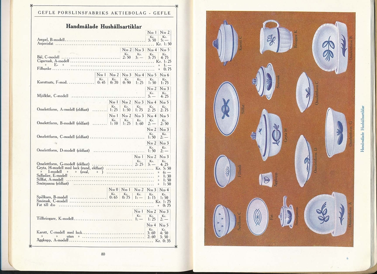 Produktkatalog, priskurant, över 1927 års produktion av keramik vid Aktiebolaget Gefle Porslinsbruk.