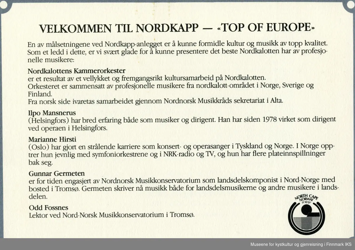 Program i forbindelse med åpningen av "Nordkapp 1990", 15.juni 1988.