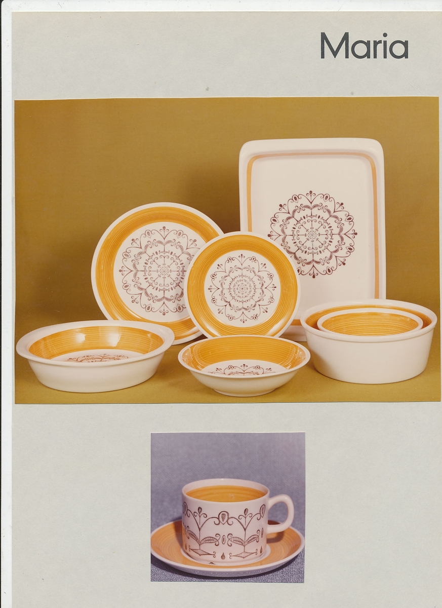 Produktkatalog i färg över serviser från Gefle Porslinsfabrik 1974. Katalogen visar specialsortiment för Åhlén & Holm, Wessels Stormarknad, EPA, KF och H J Blomqvist.
