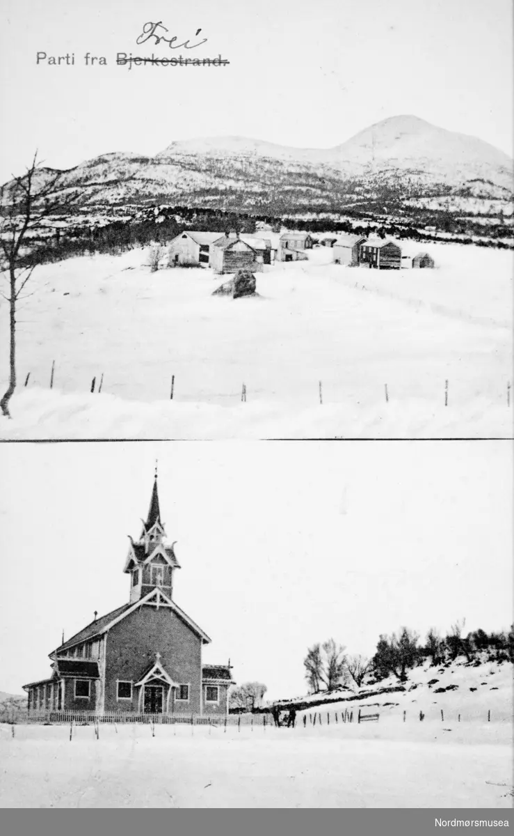 Postkort "Parti fra Bjerkestrand." Foto av kirke og bebyggelse på Bjerkestrand på Frei i Kristiansund kommune. Fra Nordmøre museums fotosamlinger.