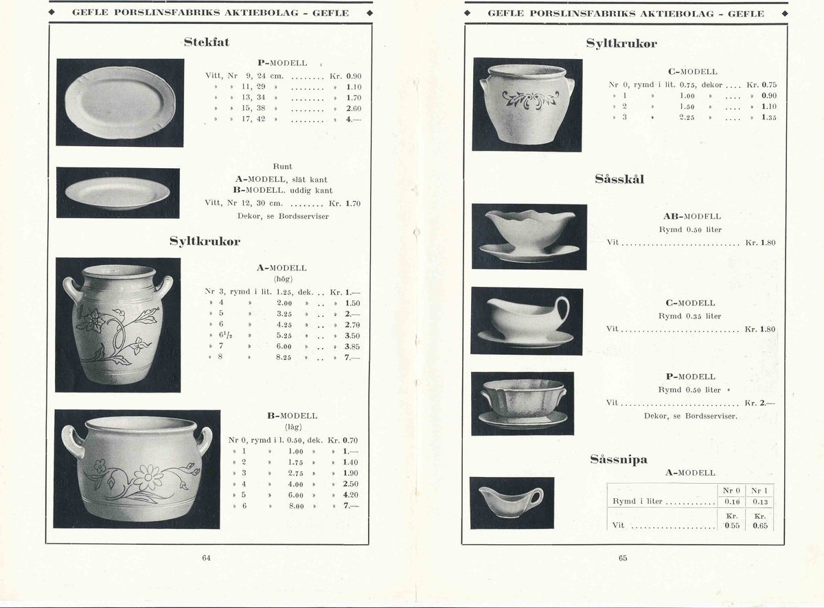 Produktkatalog, priskurant, över 1931 års produktion av keramik vid Aktiebolaget Gefle Porslinsfabrik.