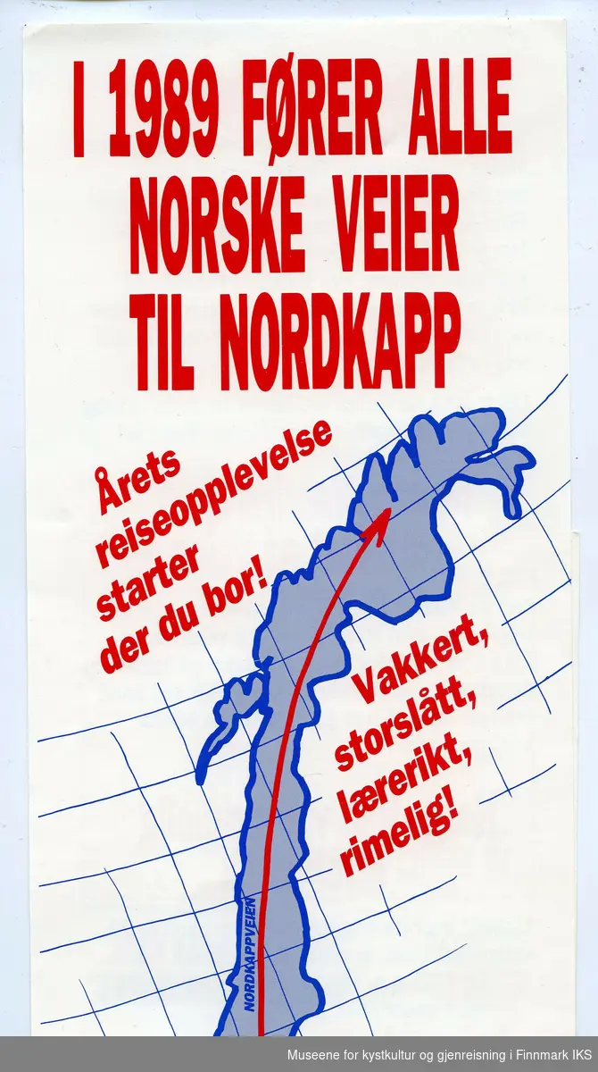 Infobrosjyre "I 1989 fører alle norske veier til Nordkapp", utgitt av 'Norske Vandrerhjem' og 'Norge ditt nærmeste ferieland'.