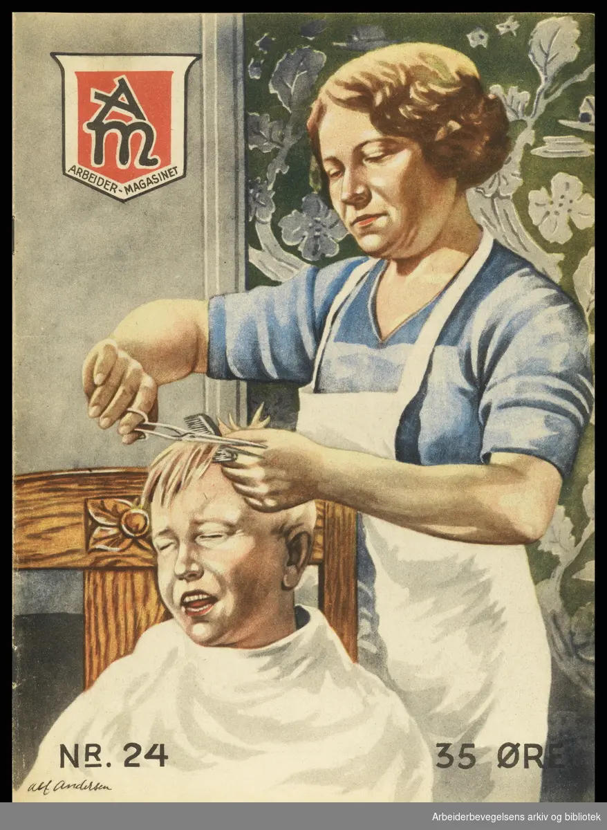 Arbeidermagasinet - Magasinet for alle. Forside. Nr. 22. 1933. "Hårklipp". Illustrasjon: Alf Andersen.