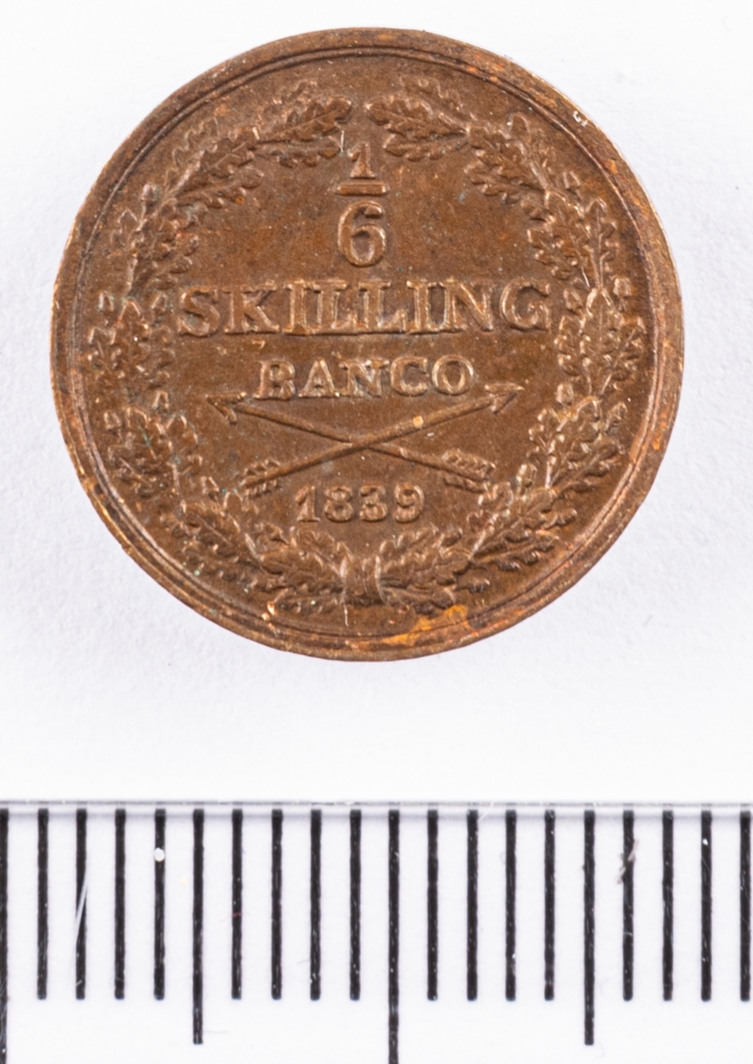 Mynt, Sverige, 1/6 skilling banco, 1839.