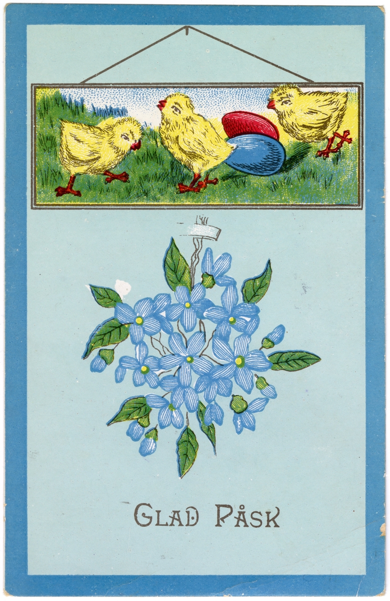 I blå ram och med ljusblå bakgrund, en rektangulär tavla med tre gula kycklingar på en gräsmatta, samt två färgade ägg i blått och rött. Under tavlan en blombukett med blå blommor och gröna blad.
Blank baksida utan addressat eller hälsning.