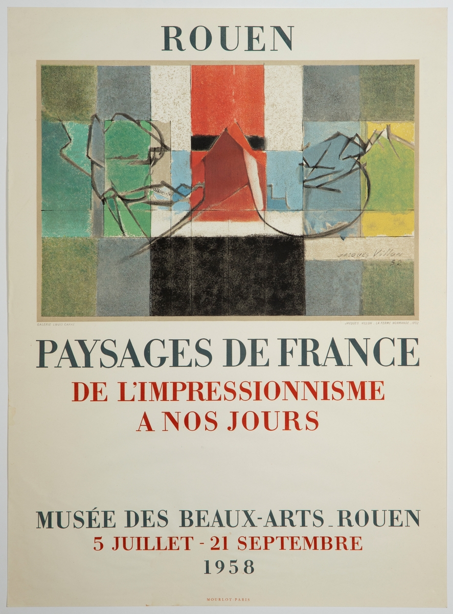 Reproduksjon av et abstrakt maleri oppbygd av fargeflater som fremstiller et landskap med en gård. Verkets tittel er: La Ferme Normande (1952).