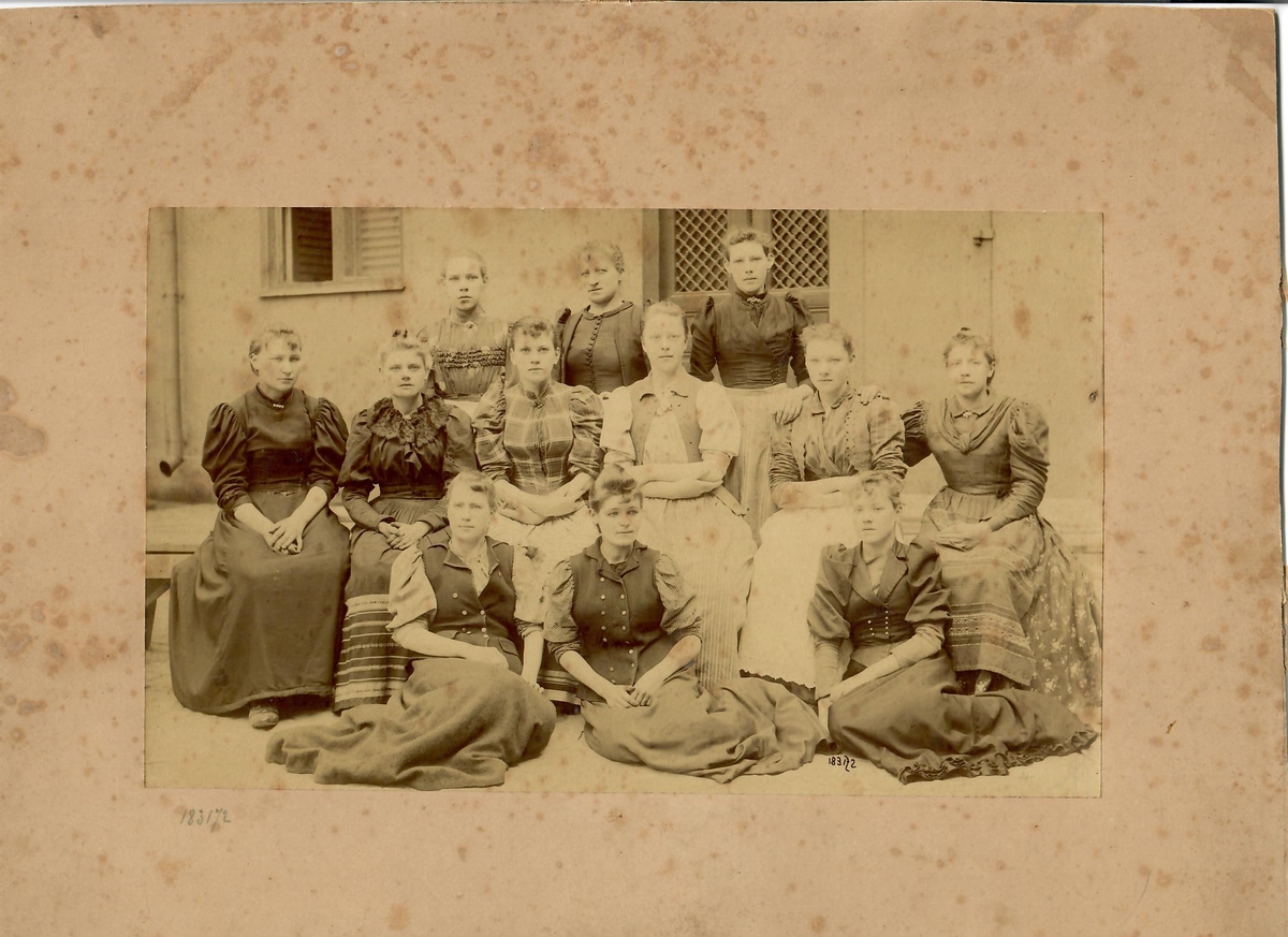 Gruppbild av 12 kvinnor

På baksidan finns text oklart vad, att utläsa står, Hellgrens, 1896 från Augusta Åkerman