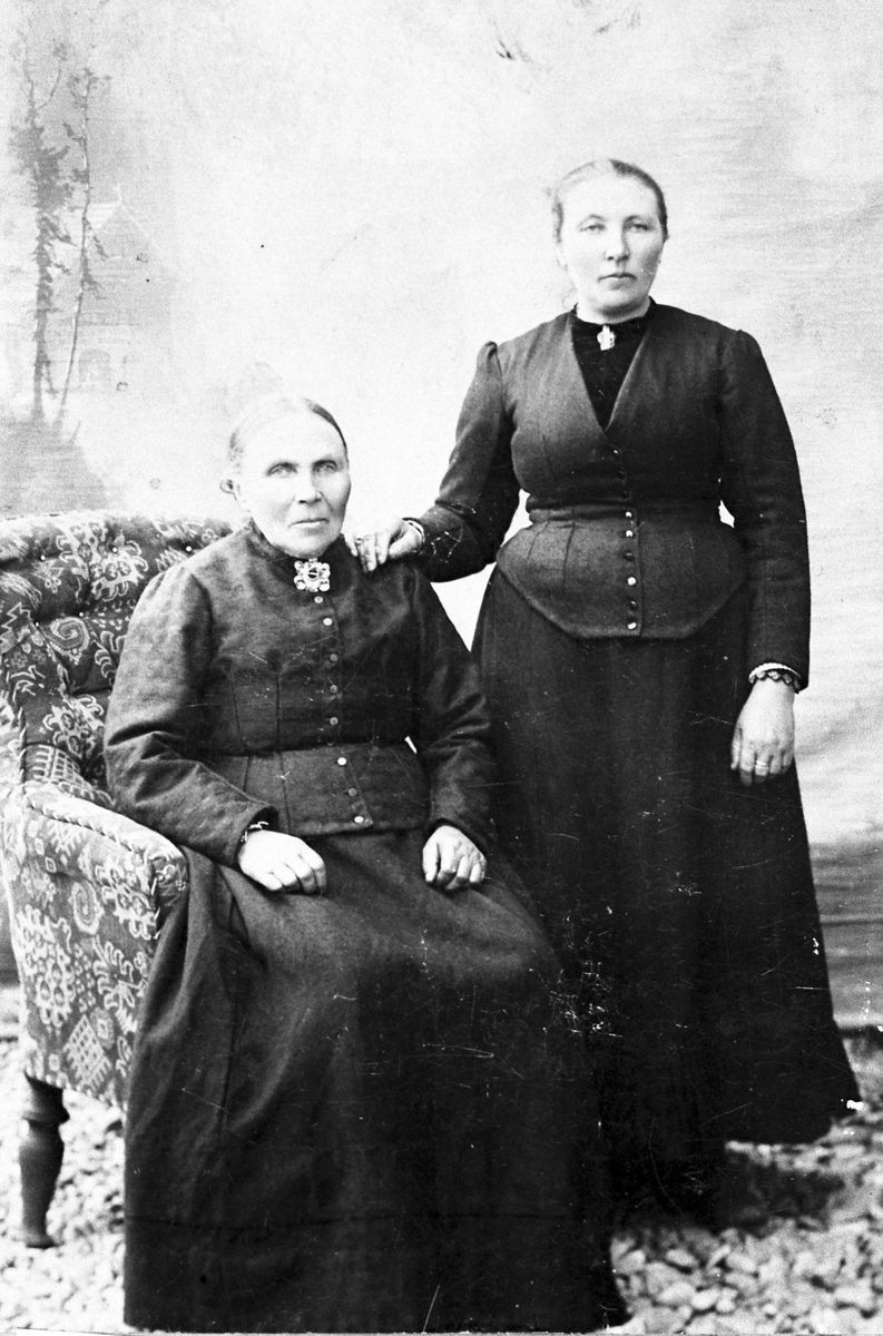 Flotte kvinnfolk. Truleg Ingeborg Persdotter(1817-1911) som sit, og truleg Maren(1848-1931) dottera som står ved sida.