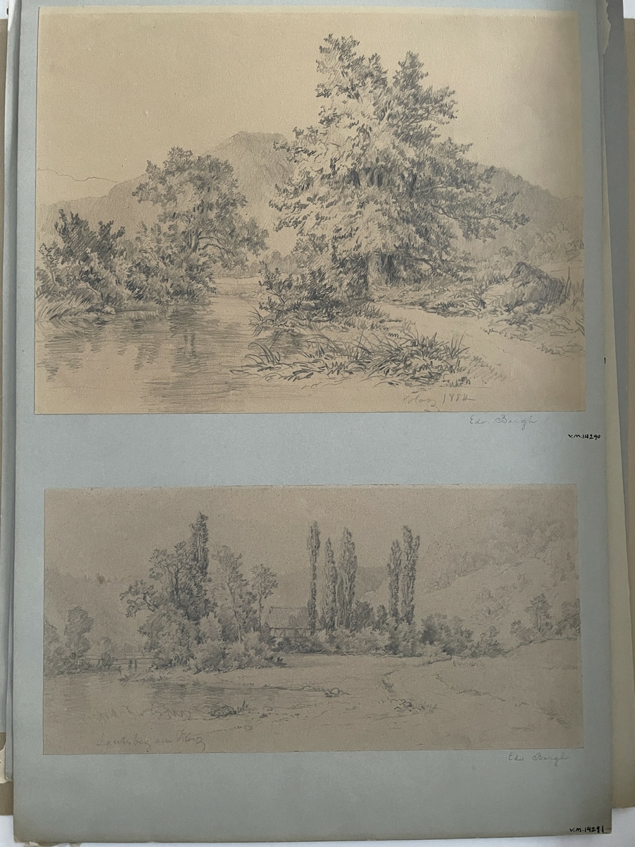 Följande är hämtat från Värmlands Museums accessionsliggare: "Landskapsmotiv, i förgrunden till vänster en sjövik med grässtränder. Till höger en väg fram till en trädgård eller dunge med sex höga träd (poppel eller cypress) samt ett par mindre, lummiga, träd och buskar, däribland - i mitten - en byggnad. Till vänster en liten bro, i bakgrunden berg."