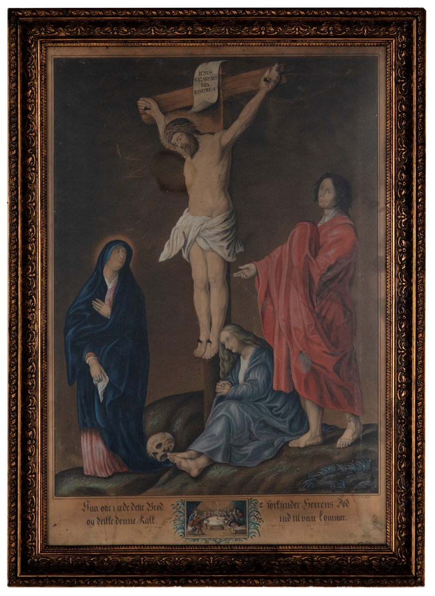 Korsfestelsesmotiv med Maria, Maria Magdalena og Johannes ved korset. Antageligvis en kopi etter et eldre maleri.