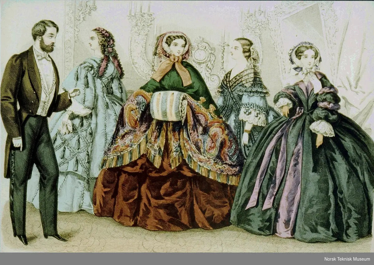 Motenyheter fra Paris, 1858 presentert av det tyske motebladet Tagesbericht für die Modenwelt. Lillafargen ble brukt som aksentfarge til nøytrale bakgrunnsfarger