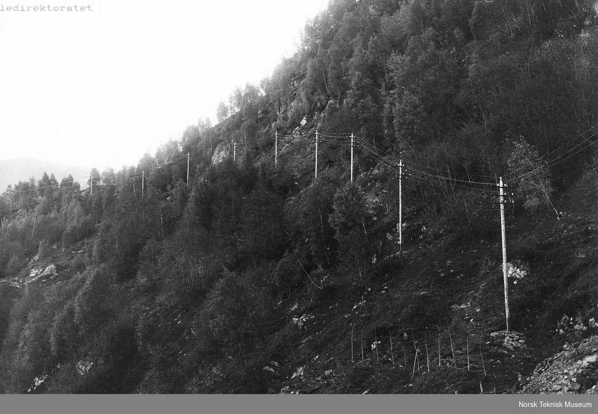Telegraflilnje i Fodnes, Årdalsfjord i Sogn : ny kurs Bergen - Trondheim bygd 1915. Den gikk over fjellet fra Lærdal til Fodnes og videre langs østsiden av Lusterfjorden