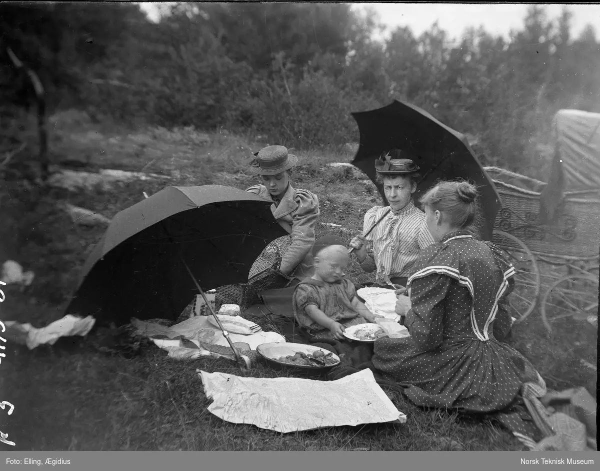 Ægidius Ellings familie på skogtur med mat, barnevogner og paraplyer