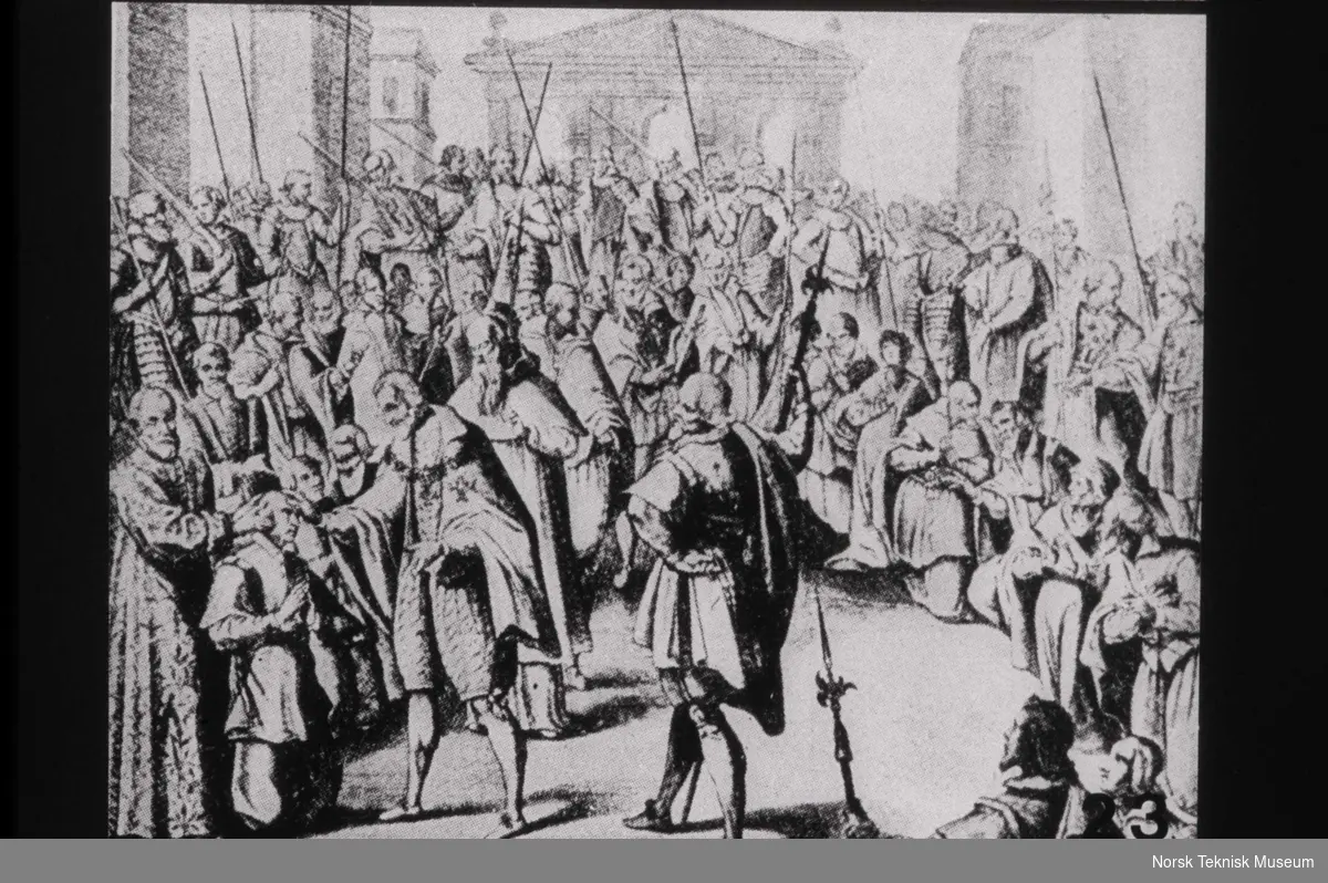 Illustrasjon til "Sykepleiens verdenshistorie" samlet av Ingrid Wyller. Kong Henrik IV behandler skrofuløse ved håndspåleggelse.
