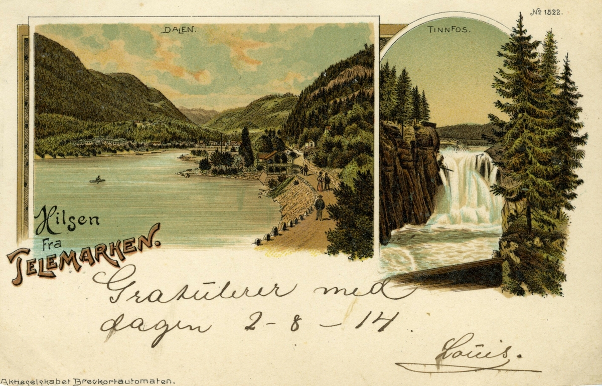 Postkort med to ulike teikna motiv frå Telemark.
