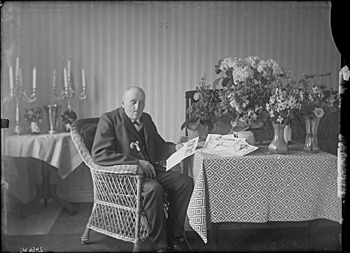 Fotografering beställd av Fredriksson. Föreställer rusthållaren Johan Fredrik Fredriksson (1844-1926) som här firar sin 80-årsdag den 4 juni 1924. Bosatt på Kolsta i Tortuna.