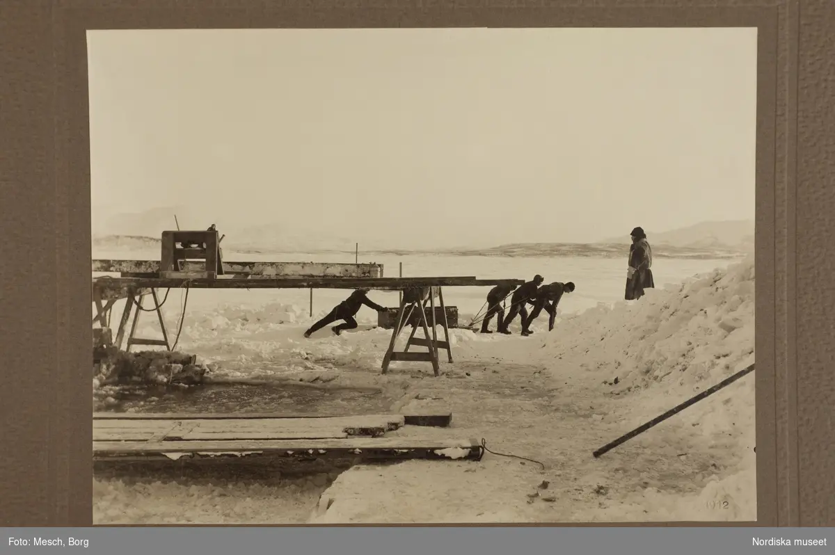 Muddringsarbete, Abisko 1912. Män drar en kälke lastad med en stor låda.